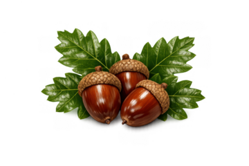 Acorns with green oak leaves arranging on a transparent background, representing nature's autumn bounty and growth