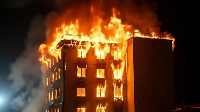 A building engulfed in flames during a nighttime fire incident.
