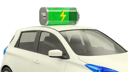 Electric Car with Battery on Roof and Lightning Bolt