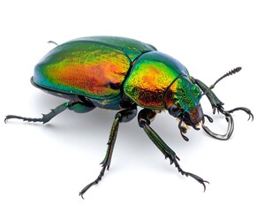 Iridescent green beetle with orange highlights, isolated on a white background
