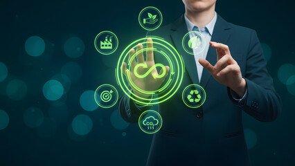 Businessman interacting with sustainable energy icons in modern interface
