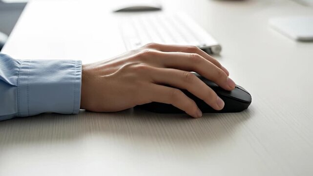 A hand using a computer mouse on a modern desk.