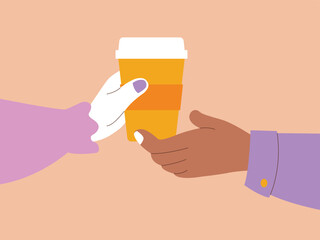 A hand with light skin passing a coffee cup to a hand with dark skin. A warm, minimalist illustration symbolizing empathy in the workplace, caring and shared love