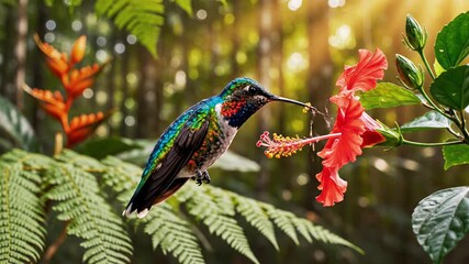 Vibrant hummingbird feeding on a bright red hibiscus flower amidst lush green foliage and soft sunlight