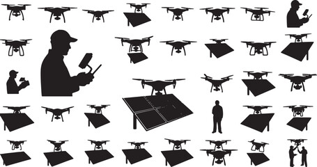 Obraz premium 30 Black Solid Solar Drone Fly Silhouettes on White Background