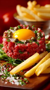 Delicious gourmet food presentation of raw beef steak tartare. Classic French meal topped with fresh egg yolk, capers, and herbs, served with side of crispy golden french fry