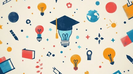 A Vibrant Seamless Education Pattern with Lightbulbs, Graduation Caps and Books for Learning