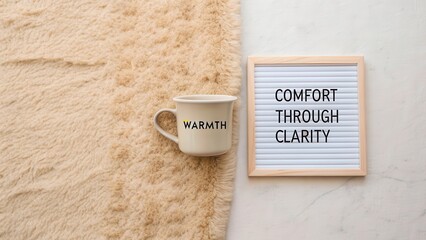 Cozy Mug of Warmth on Soft Rug with Comfort Clarity Message