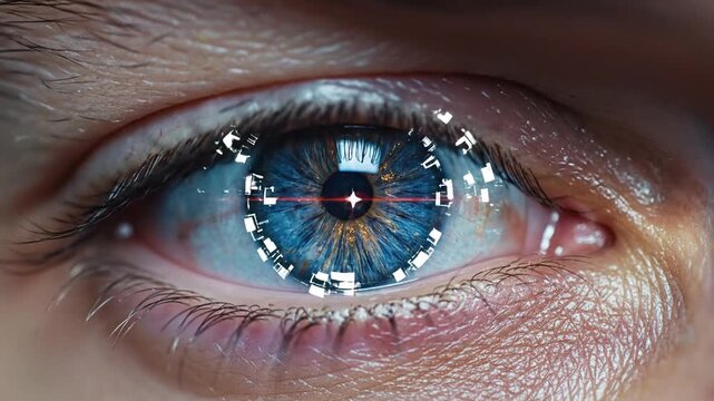 Macro Extreme Close Up Of A Human Blue Iris With Futuristic Red Grid Overlay Showing Digital Scan And Technology Integration With Subtle Detail And Sharp Focus On The Eye And Pupil
