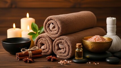 Spa towels and spa essentials on a wooden background with candles and aromatic items