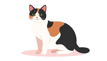Illustration of a sitting calico cat on a pink oval background