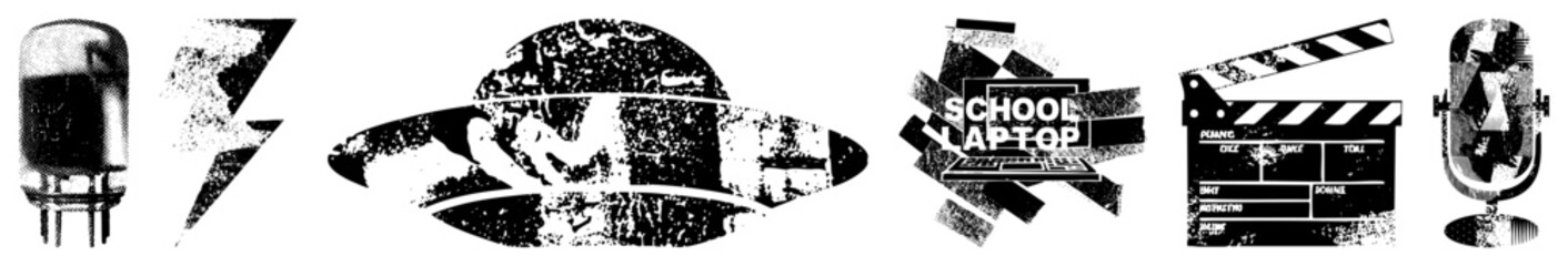 Vintage Vacuum Tube, Lightning Bolt, UFO, School Laptop, Film Clapper, Microphone Set