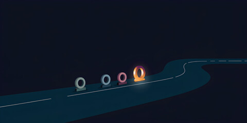 Business growth roadmap background with teal curved road, milestone rings, and warm amber glow on dark navy copy space