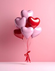 Bouquet of heart-shaped balloons in shades of pink and red against a plain pink background, tied with a red ribbon