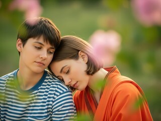 Fototapeta premium Two individuals sharing a tender moment in a serene garden