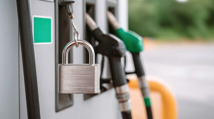 Locked gas pump nozzle symbolizing energy crisis impacting economy with high fuel price