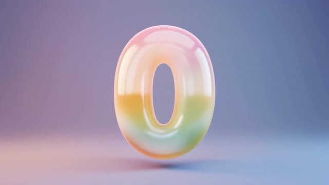 Glowing pink zero number with shiny surface and purple background