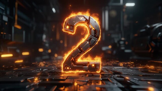 Glowing metallic number two on fire in dark industrial setting