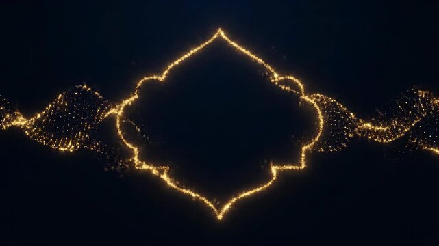 Luxury Golden Ornamental Frame with Shimmering Particle Waves on Dark Background for Islamic Celebration and Awards Concept