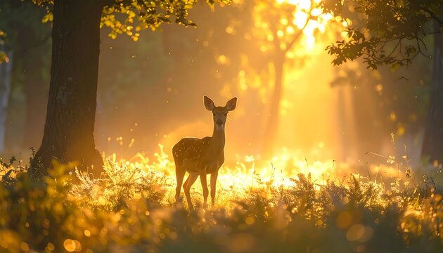 A young deer stands bathed in golden sunlight filtering through a lush forest, creating a serene and ethereal atmosphere