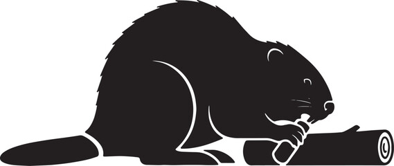 30 Black Solid Silhouettes: Beaver Gnawing Log © Shakeel