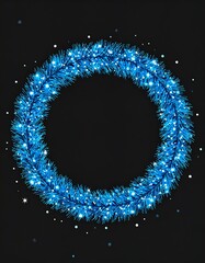 Blue tinsel wreath with glittery lights on dark backdrop