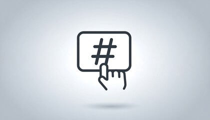 Hand pressing a button with a hashtag, line art style, against soft grey gradient background