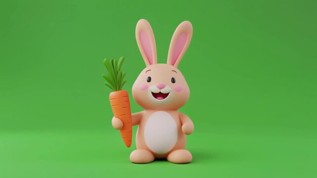 Smiling cartoon bunny happily holding a fresh carrot
