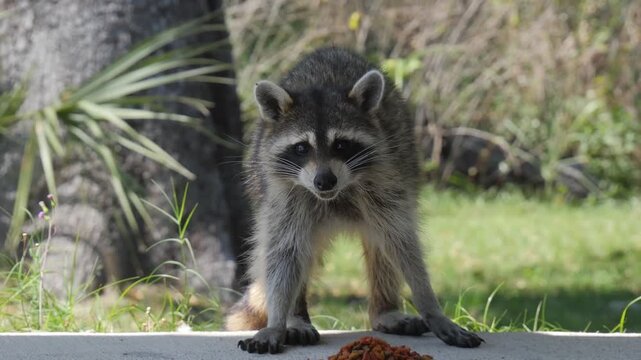 Raccoon Eating Pet Food Outdoors