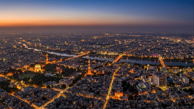 Aerial View of Delhi Cityscape at Dusk with Yamuna River and Landmarks