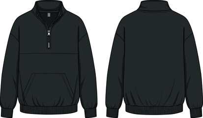 Black Oversized Quarter Zip Pullover Sweatshirt Vector Illustration Blank Technical Fashion Sketch Template Front and Back View for Apparel Design Mockup © BIPUL