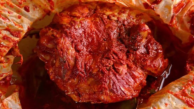 Spicy red adobo chicken wrapped in parchment paper, Mexican food