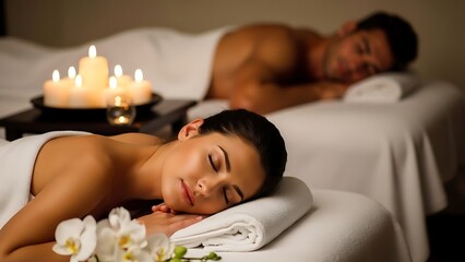 Serene couple enjoying a relaxing spa day with candles in the background