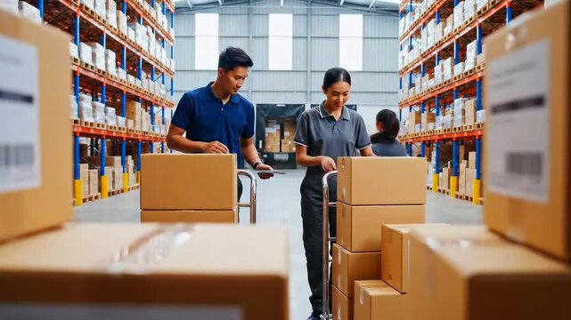 asian workers packing boxes in warehouse, collaborative team pushing cart with carton, scanning barcode labels, arranging pallets on tall metal shelves, bright industrial lighting, organized