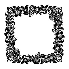 Ornate Floral Frame Illustration Featuring Flowers and Foliage in Black and White