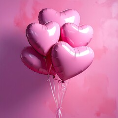 Bouquet of pink heart-shaped balloons against a pink backdrop creating a sweet, romantic, dreamy ambiance