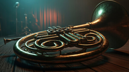 french horn brass instrument lies on rustic stage wood embodying an orchestra concert or jazz club ambiance ideal for musical event promotion.