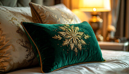 luxurious emerald velvet pillow with intricate gold snowflake embroidery elegantly rests on a hotel bed ideal for festive holiday decor concepts.