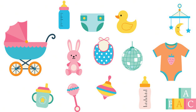 Baby nursery items flat vector illustration set with stroller toys clothes feeding accessories for newborn and toddler design