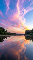 Serene river landscape reflecting a vibrant pink and orange sunset sky