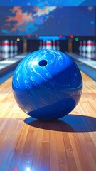 Blue bowling ball sits ready on the wooden lane, pins visible in the background with colorful blurred lights