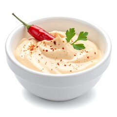 Bowl filled with creamy sauce, garnished with a red chili pepper and parsley, isolated on white