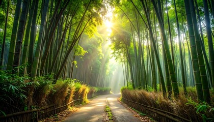 Lush bamboo forest with path leading towards sunlight