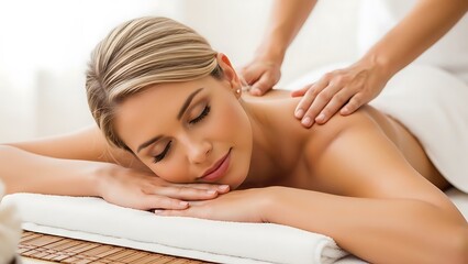 Fototapeta premium Serene woman receiving a massage on a white massage table with a soothing background