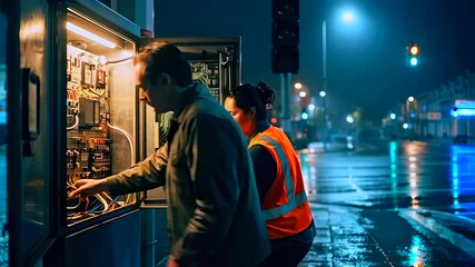 night street technicians beside open electrical cabinet working under rain and neon lights highvisibility vests testing wiring and cables coordinating at intersection to restore signal