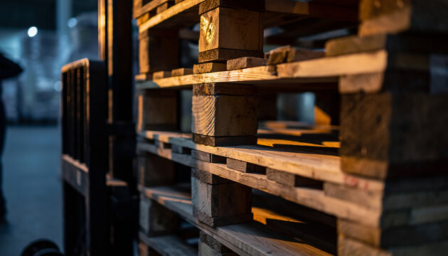 倉庫内に整然と積まれた木製パレットの物流イメージ