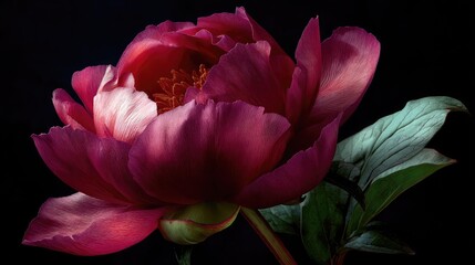Single deep pink flower blossom illuminates against a stark black background