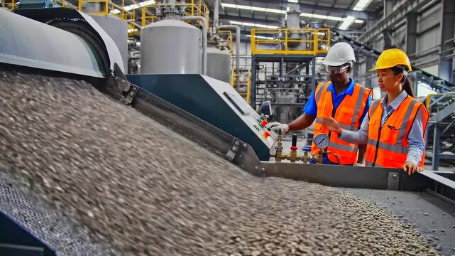 Engineers inspect conveyor belt loaded with gravel in industrial plant, two safetyvested technicians wearing hard hats monitor material flow and adjust controls, automated machinery