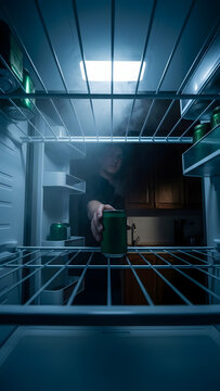 Late night fridge search for a cold drink