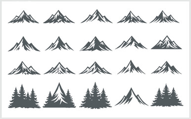 Obraz premium Collection of mountain and pine tree silhouettes in various shapes and sizes